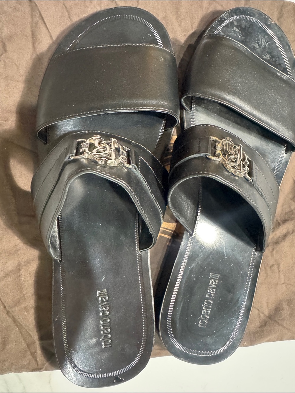 Roberto Cavalli Black Leather Slide Sandals with Metal Logo Accent